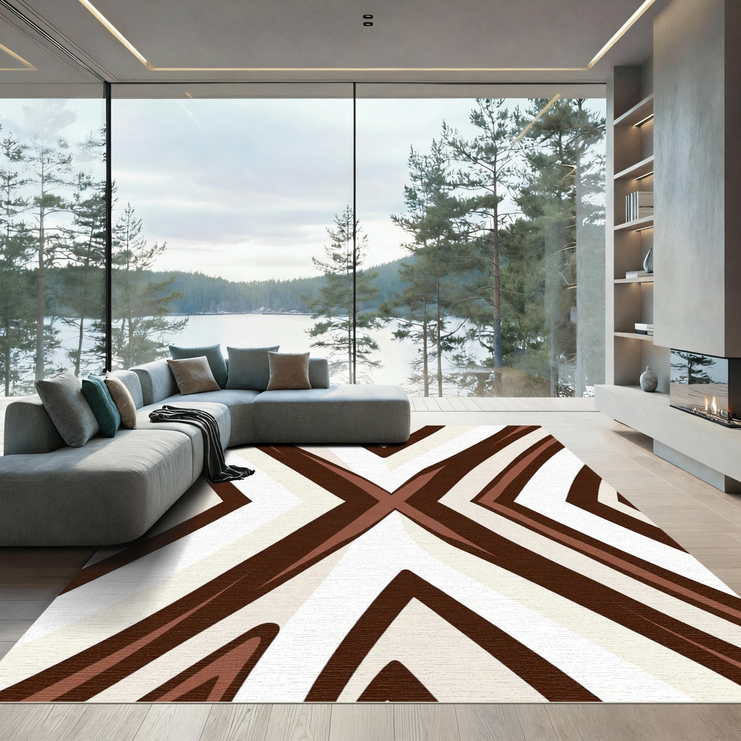 Rich Brown Cream Symmetric Diamond Overlay Rug