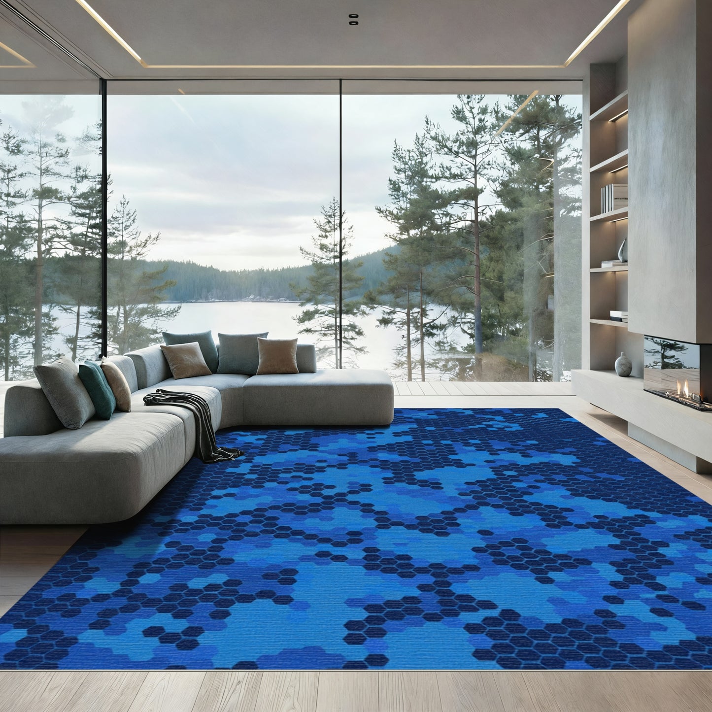 Deep Blue Hexagonal Camo Rug