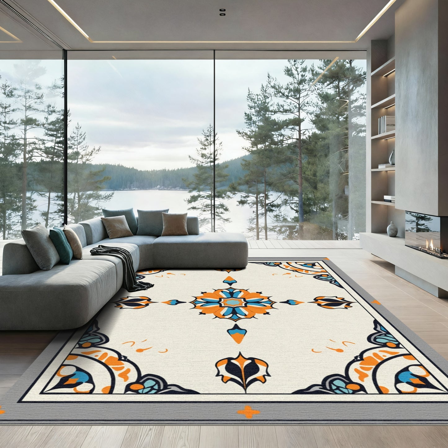 Ornate Orange Blue Floral Medallion Rug