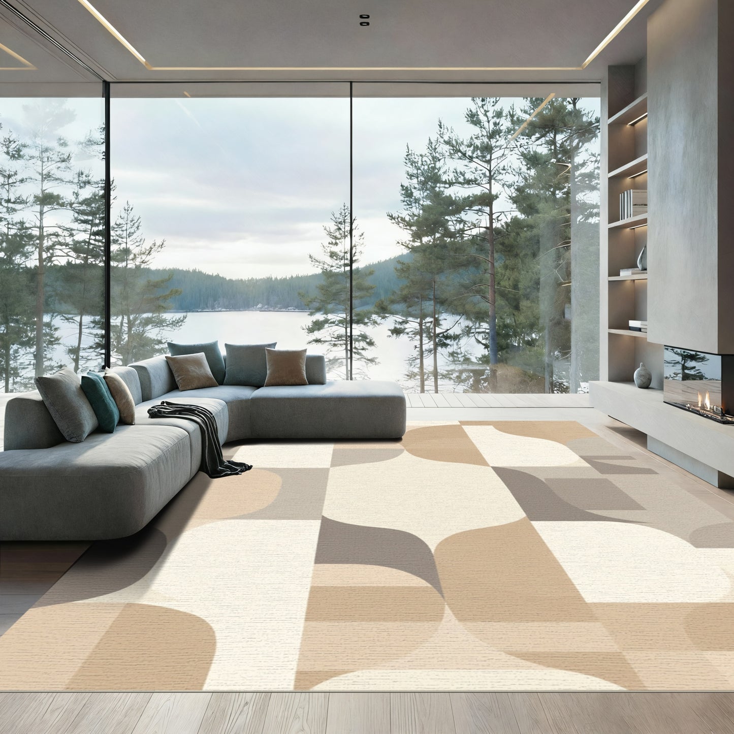 Neutral Mid Century Geometric Abstract Rug