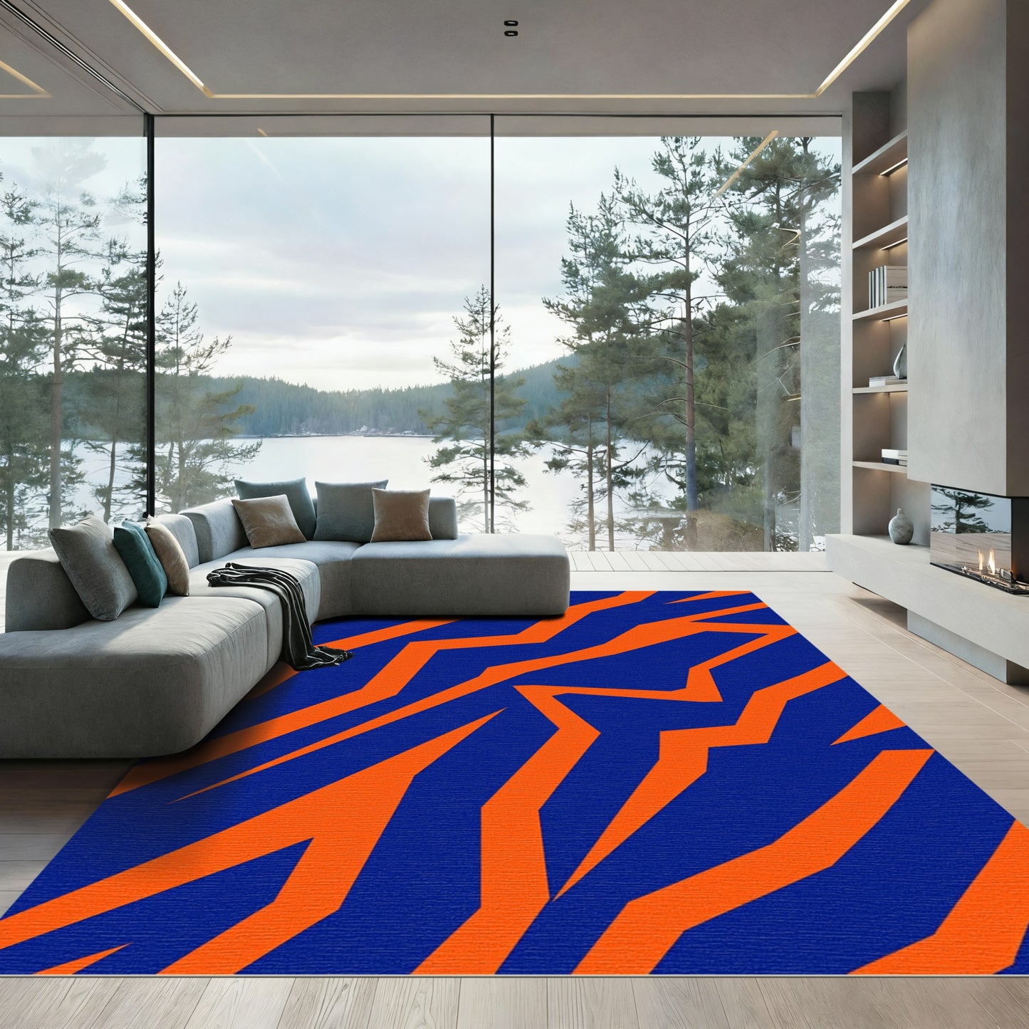 Bold Orange Jagged Stripes Blue Rug