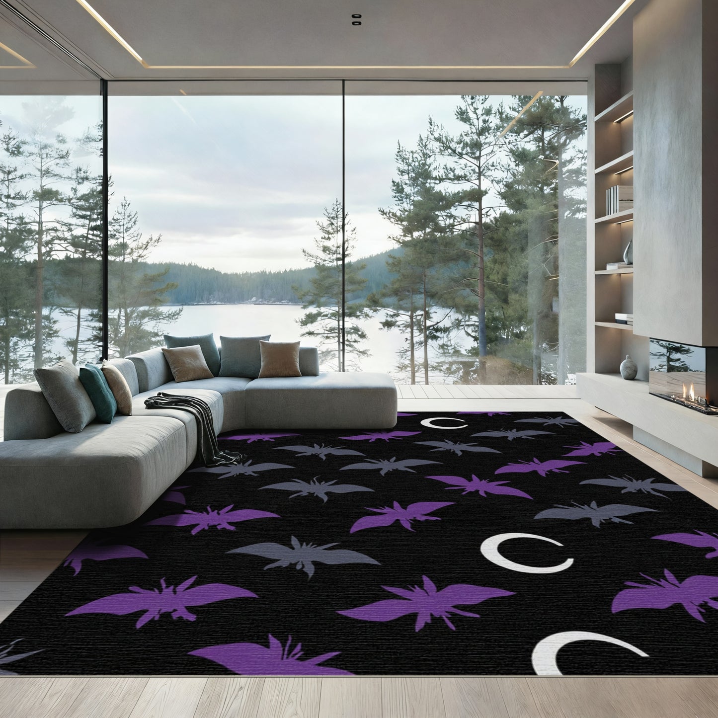 Purple Gray Bat Crescent Moon Rug