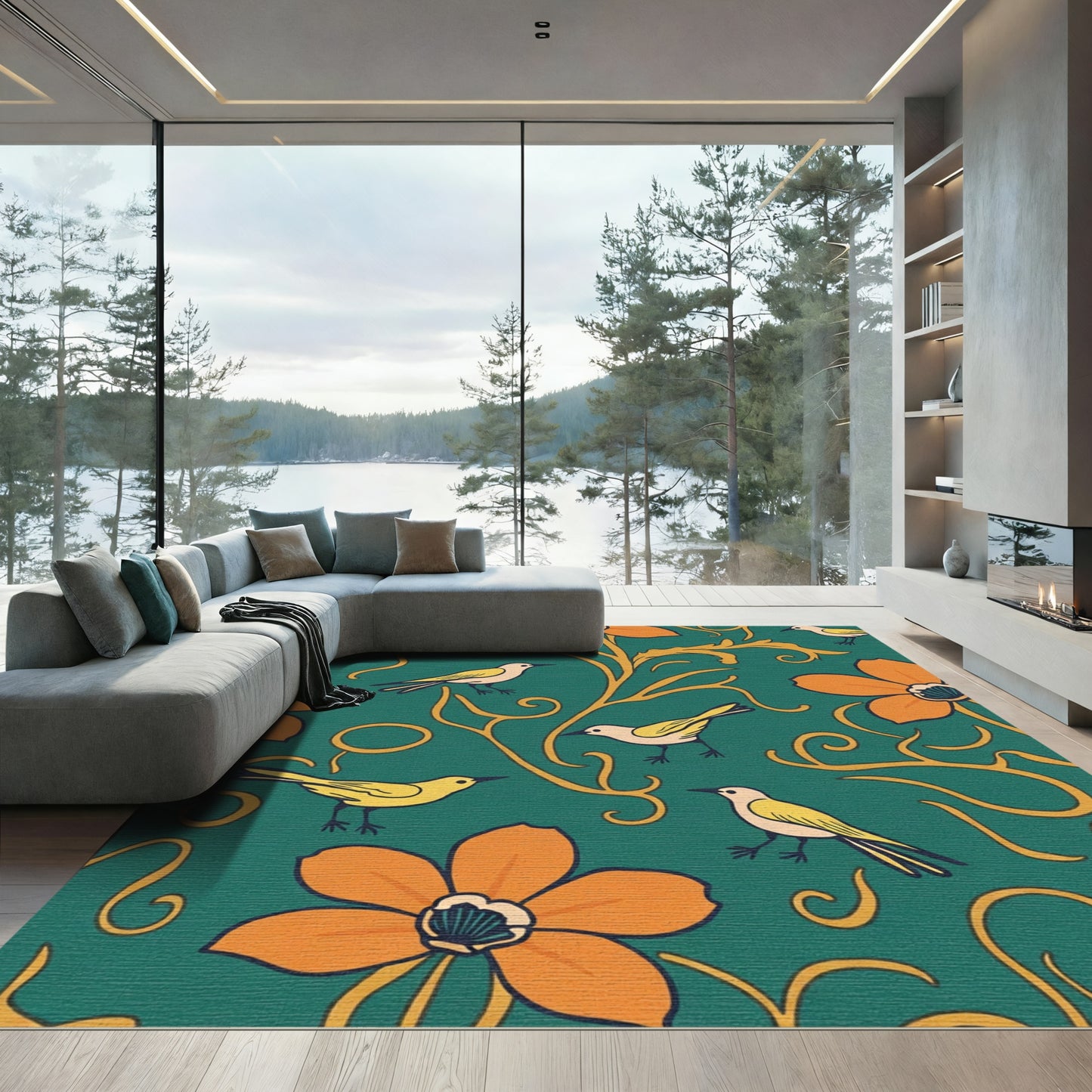 Whimsical Teal Orange Bird Floral Vine Rug