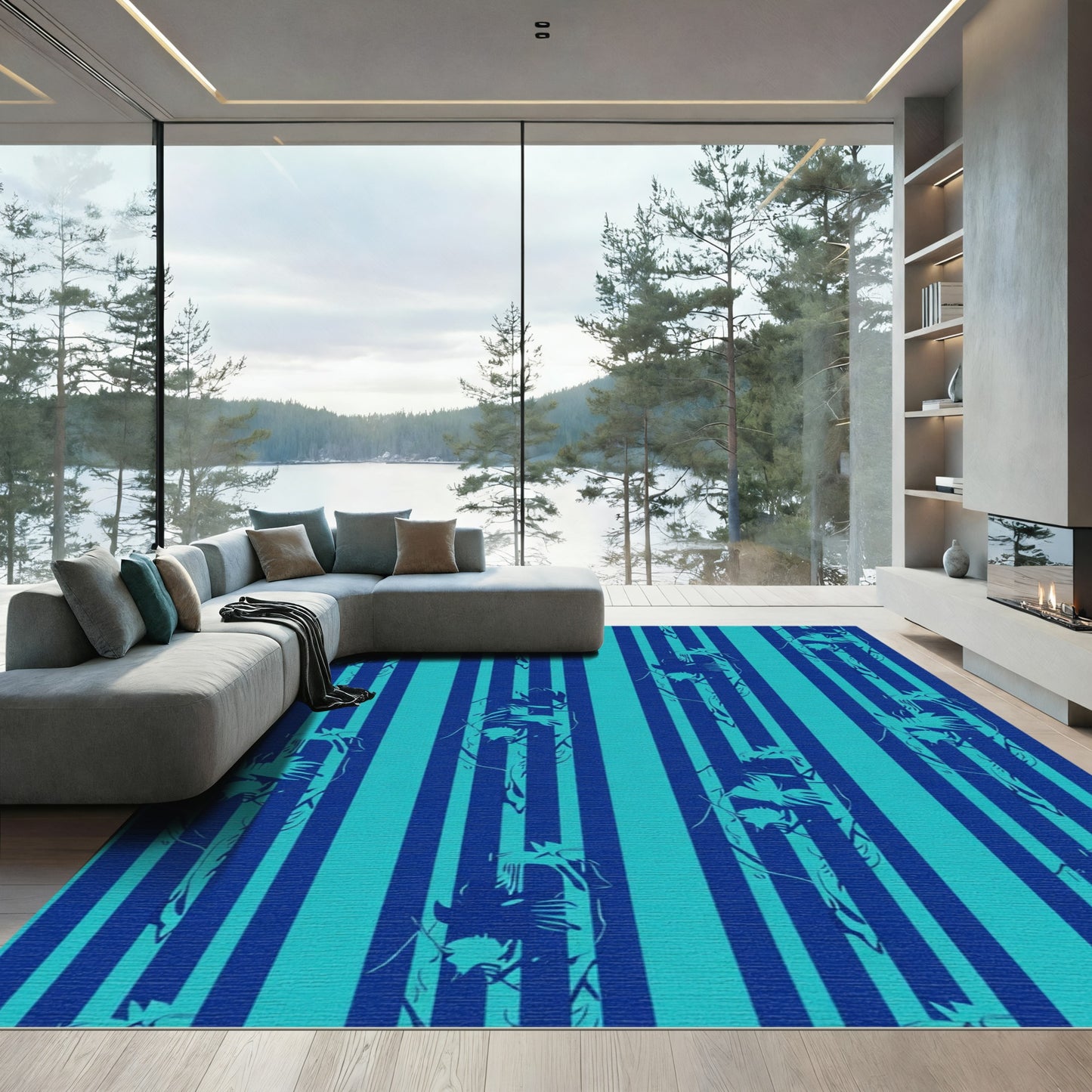 Blue Teal Striped Figural Rug