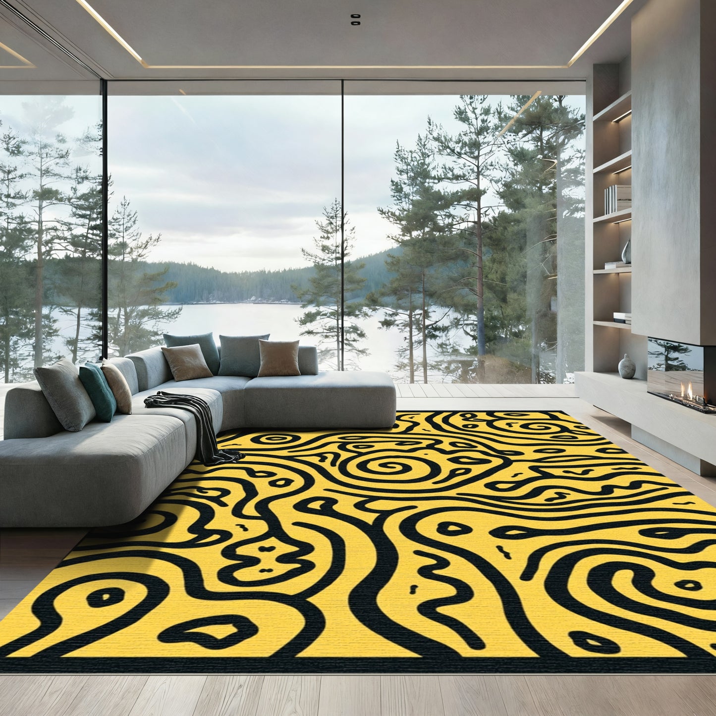 Bold Black Swirl Yellow Abstract Rug