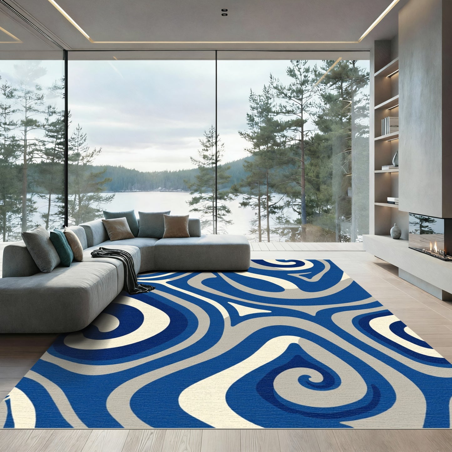 Deep Blue Cream Swirl Abstract Rug