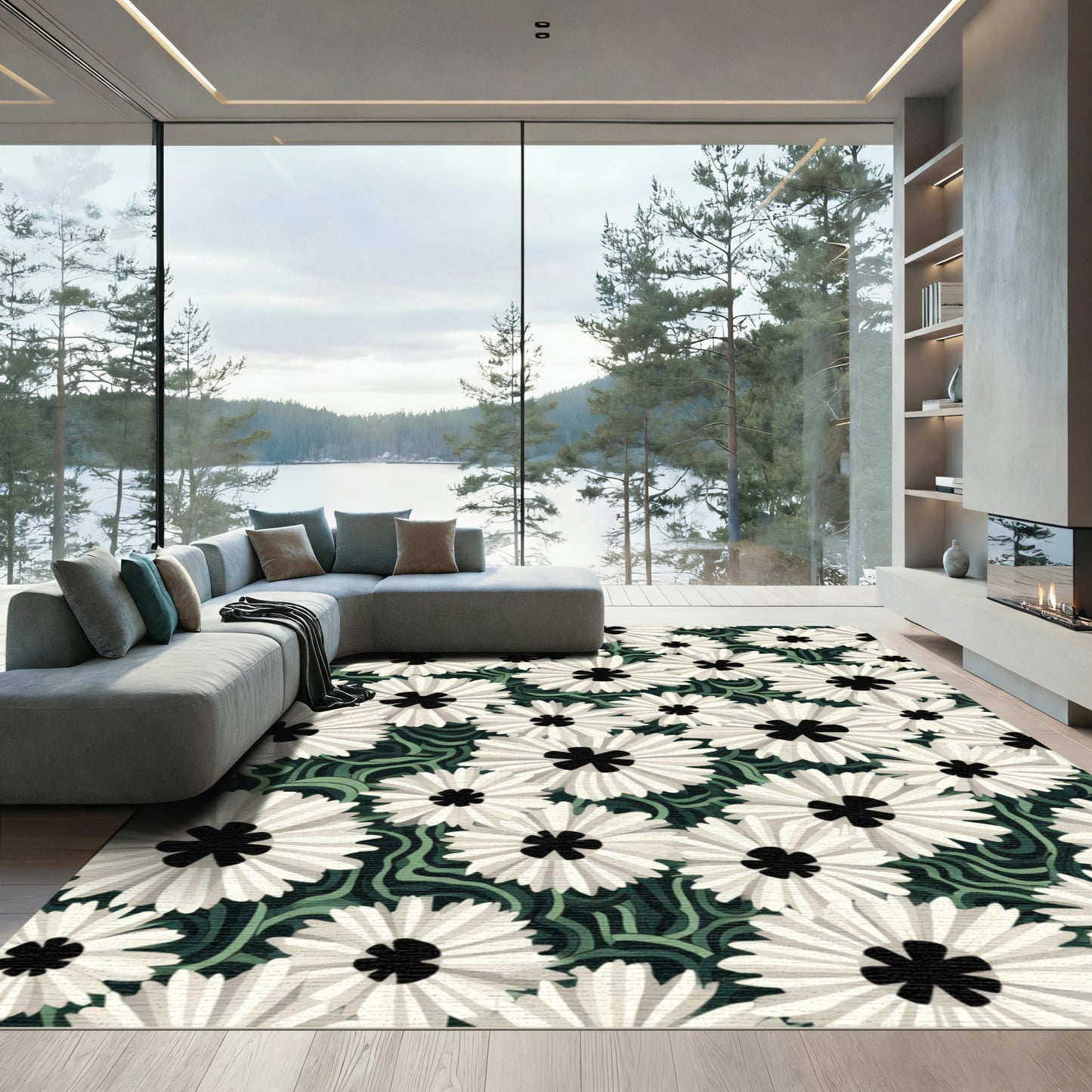 White Daisy Field Abstract Rug