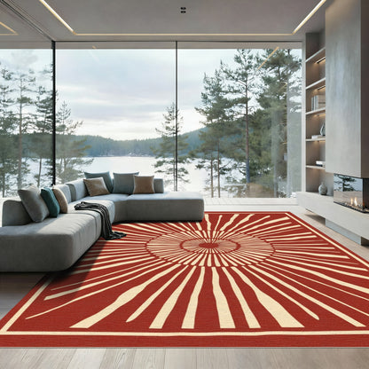 Crimson Sunburst Radial Graphic Rug