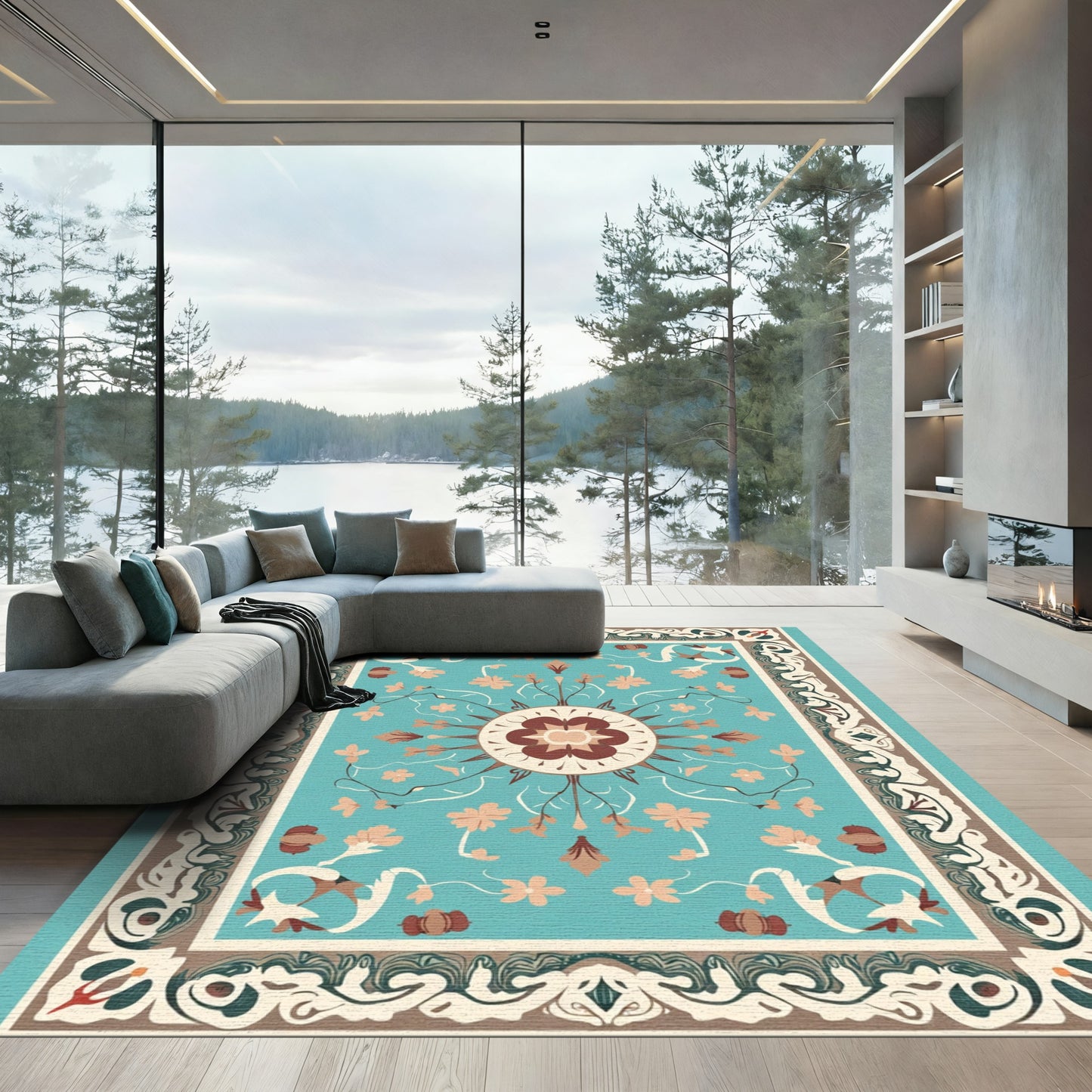 Aqua Floral Medallion Border Rug