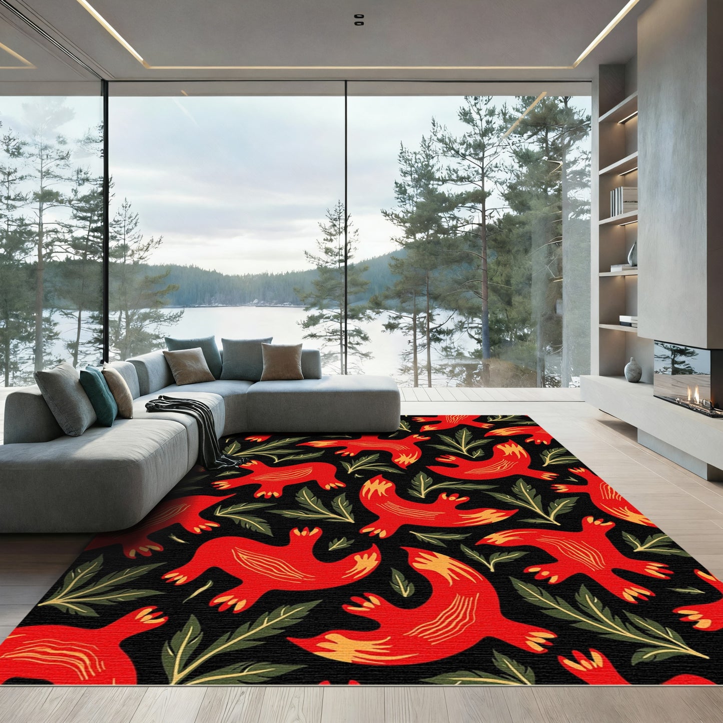 Bold Red Bird Foliage Harmony Rug