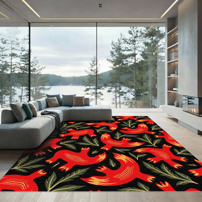 Bold Red Bird Foliage Harmony Rug