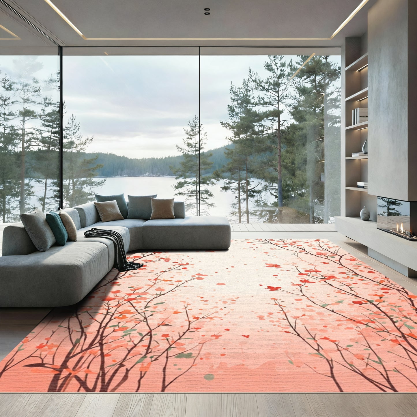 Coral Blossom Branches Swirl Rug
