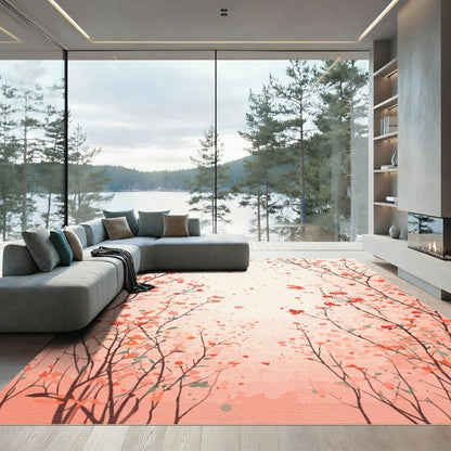 Coral Blossom Branches Swirl Rug