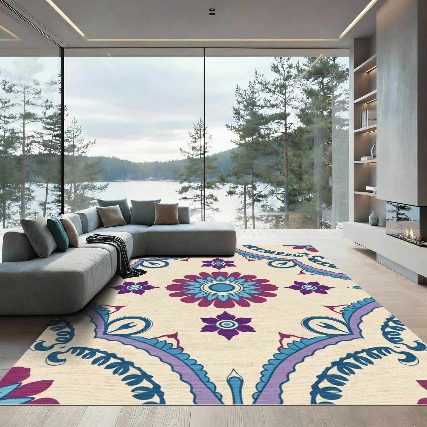 Purple Blue Floral Mandala Cream Rug