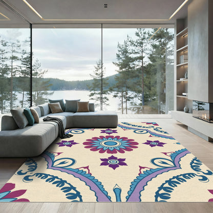 Purple Blue Floral Mandala Cream Rug