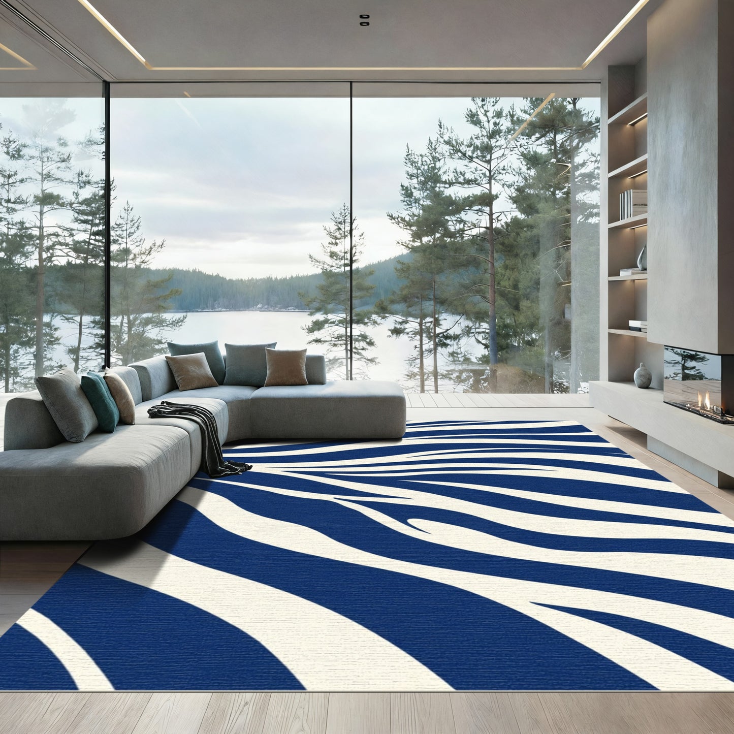 Deep Blue Cream Zebra Swirl Rug