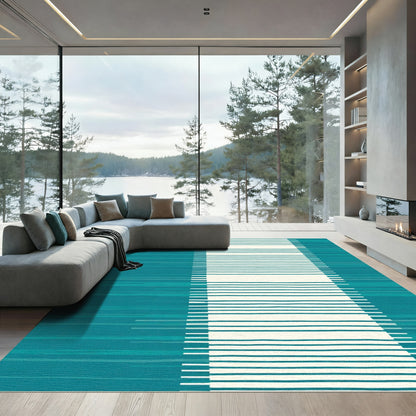 Teal And Cream Striped Abstraction Rug