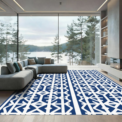Deep Blue White Geometric Lattice Rug