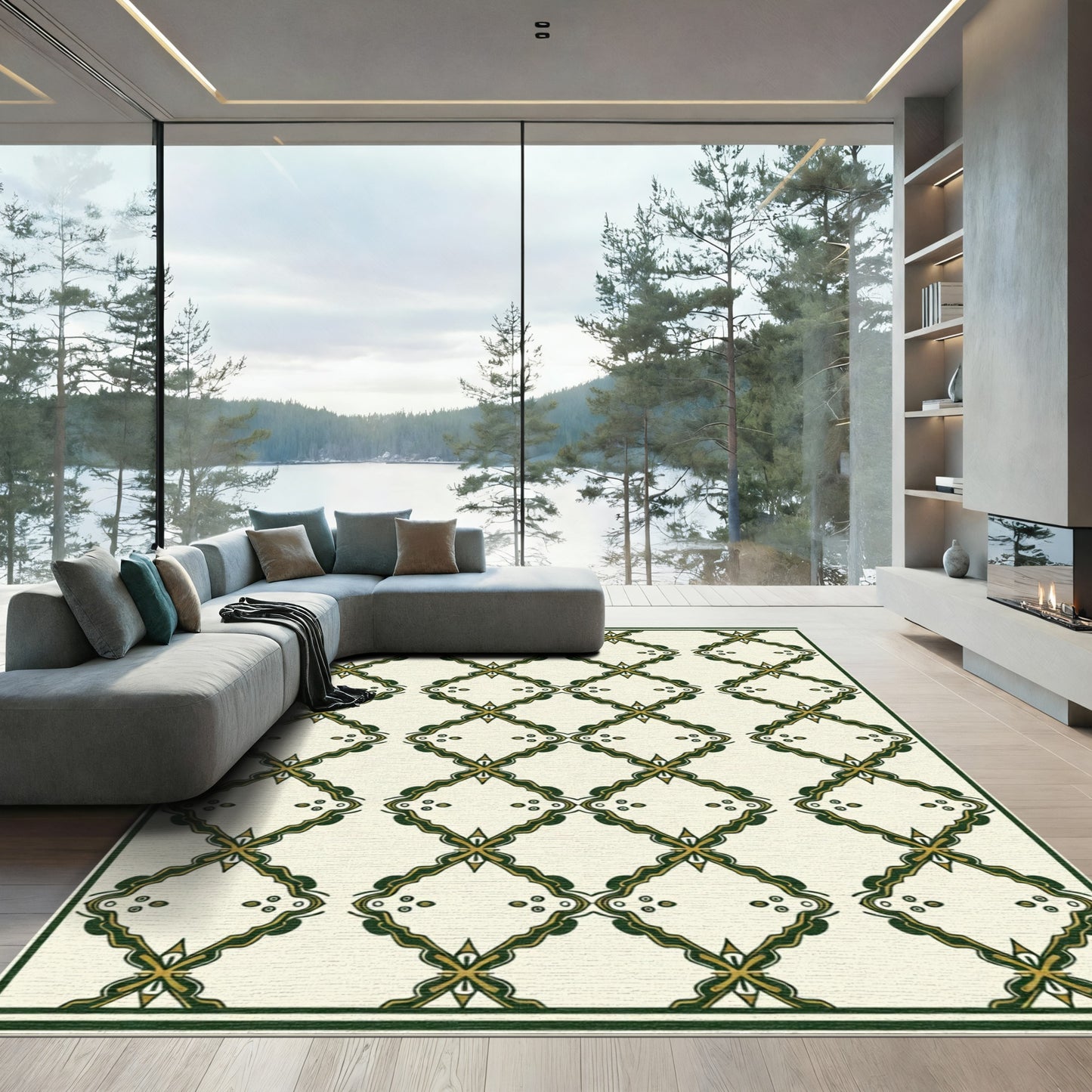 Cream and Forest Green Diamond Lattice Rug