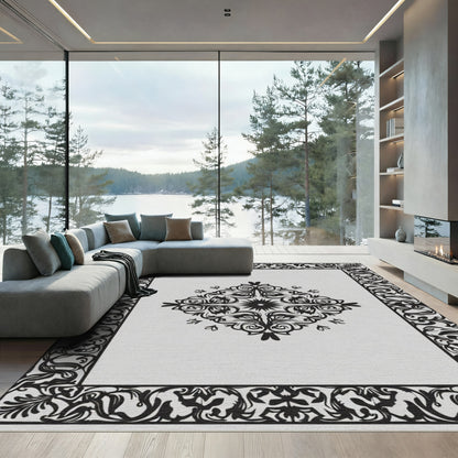 Black White Floral Scroll Medallion Rug