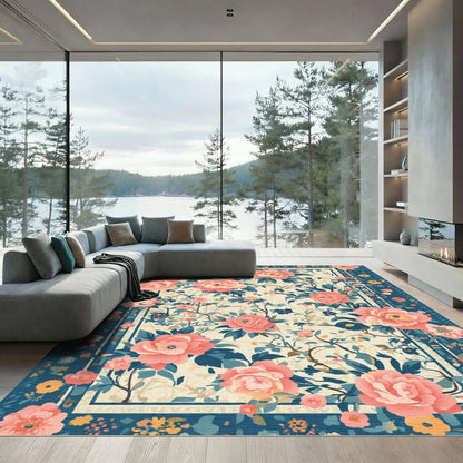 Coral Pink Floral Botanical Garden Rug