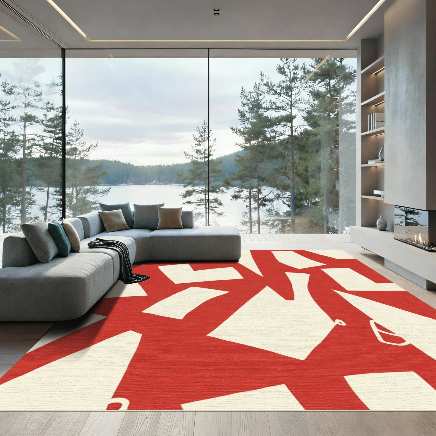 Red Cream Abstract Shapes Rug
