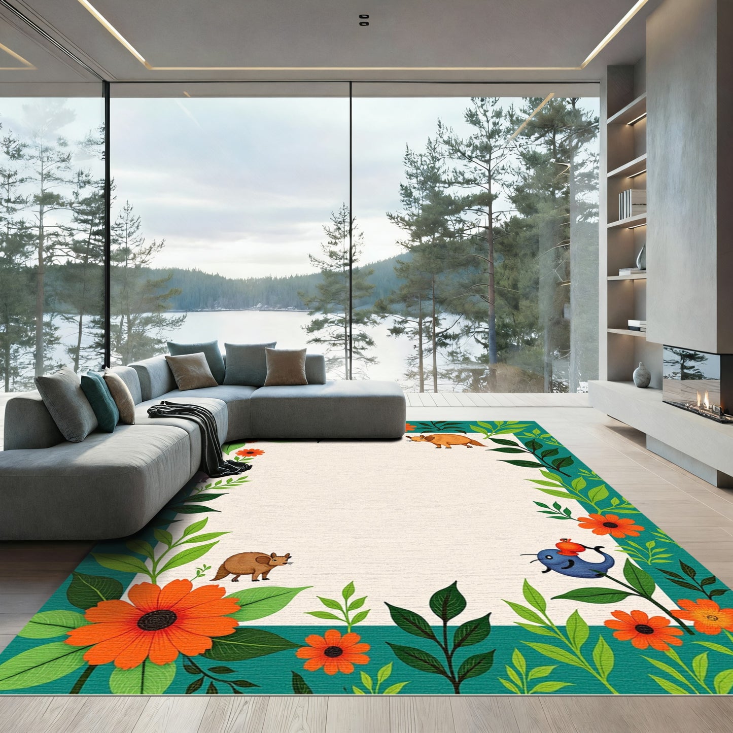 Whimsical Floral Animal Border Rug