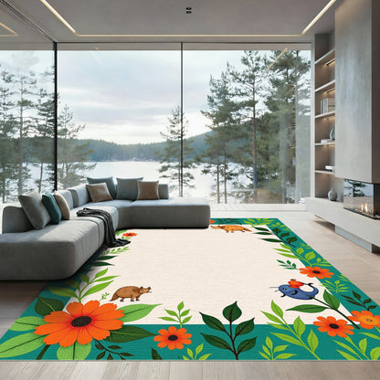 Whimsical Floral Animal Border Rug