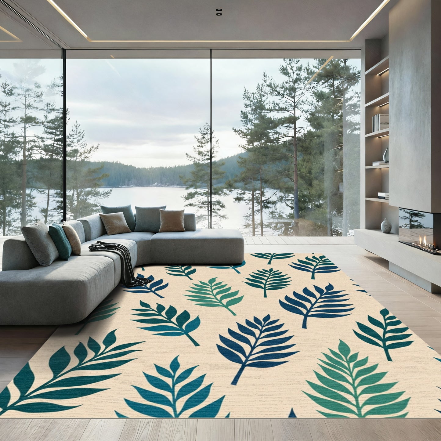 Teal Leafy Branch Pattern Rug