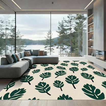 Deep Green Mid Century Leaf Pattern Rug