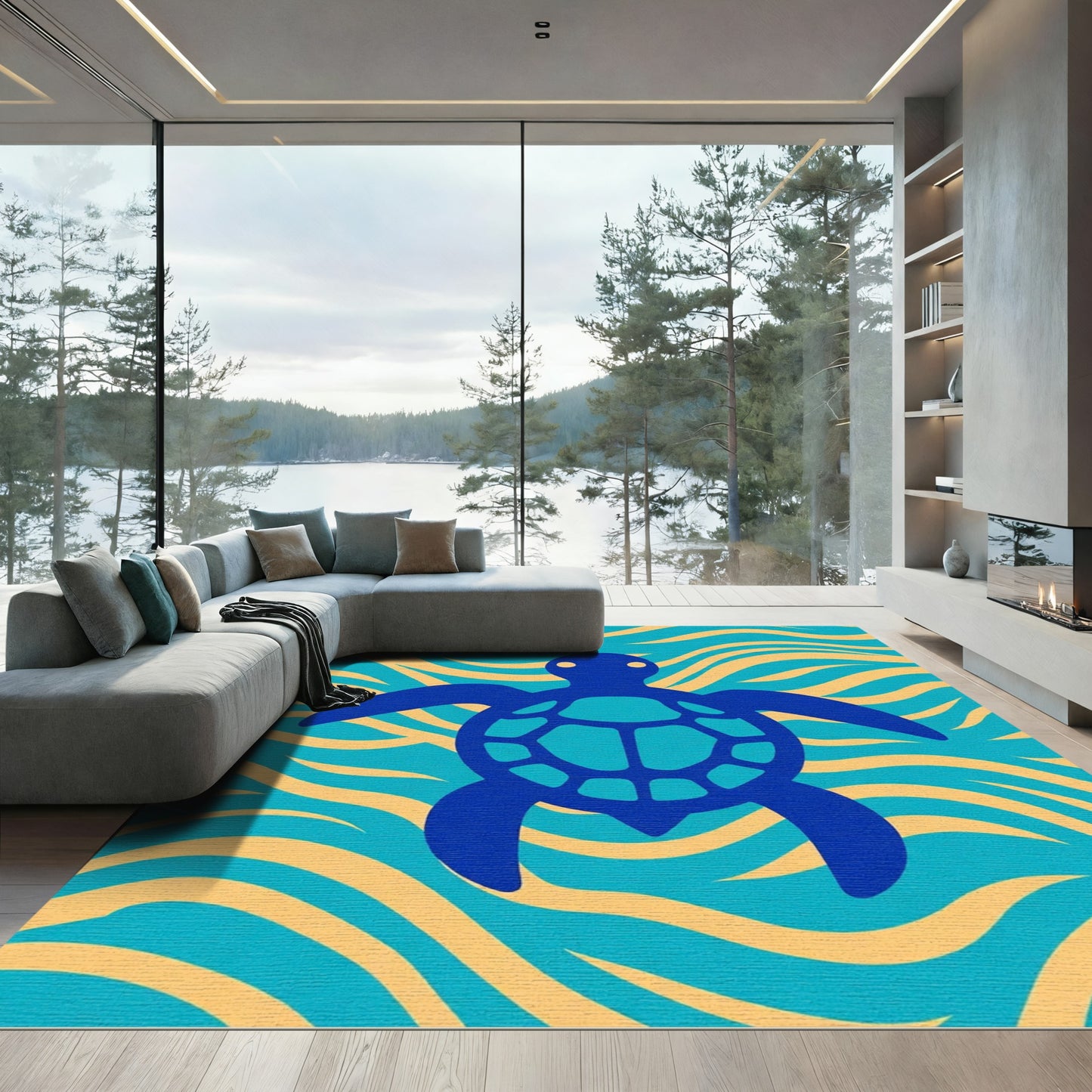 Deep Blue Turtle Ocean Waves Rug