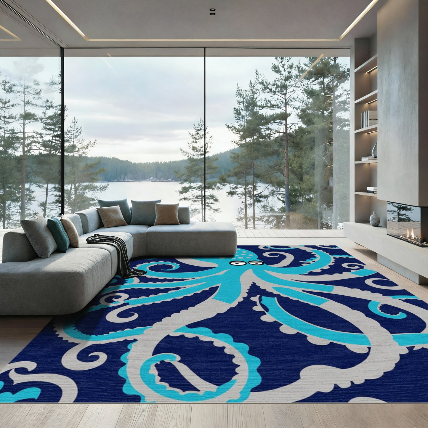 Oceanic Blue Octopus Swirls Rug