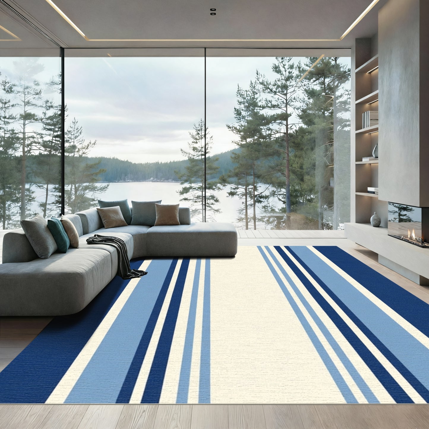 Classic Blue Cream Vertical Stripe Rug