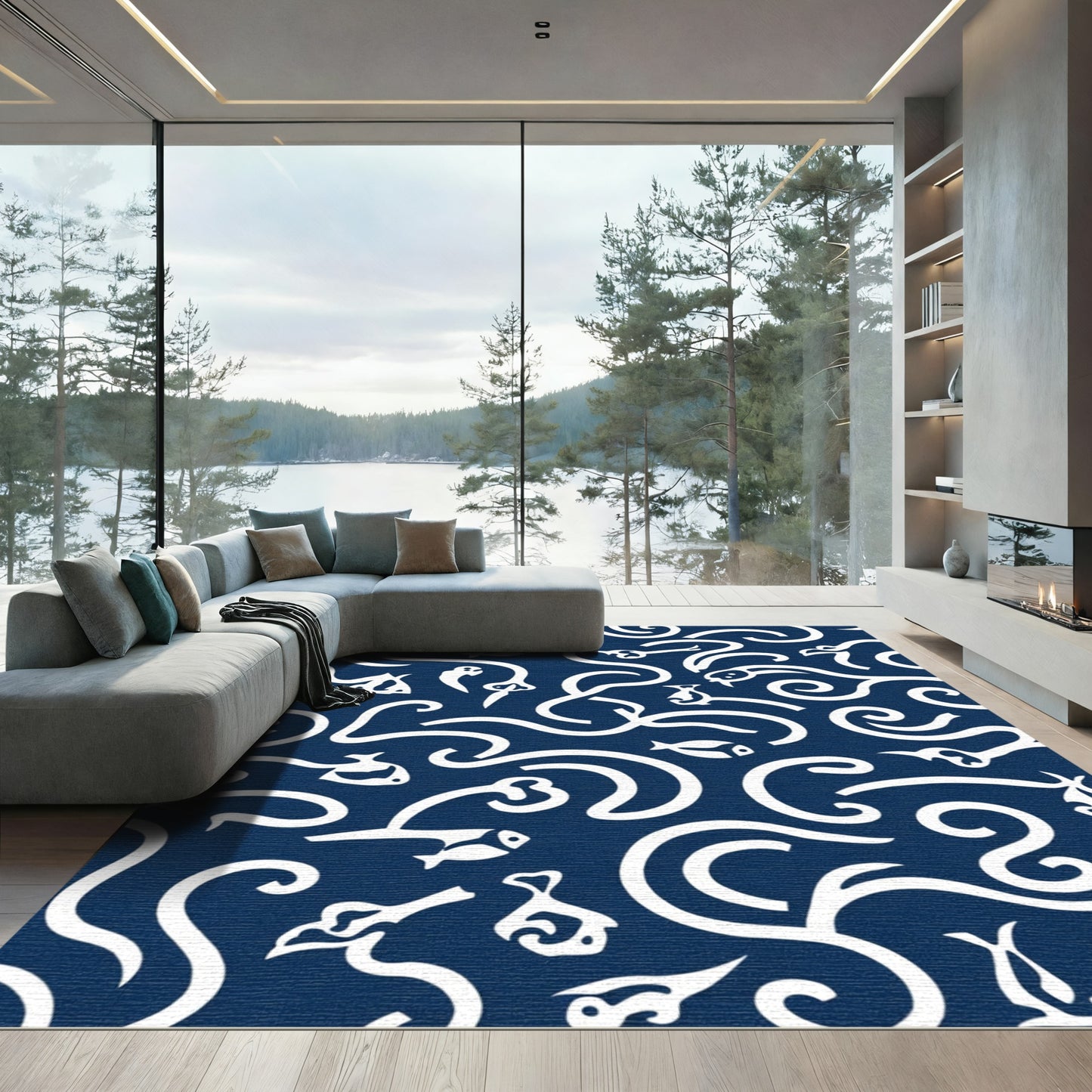 Deep Blue Whimsical Aquatic Swirls Rug