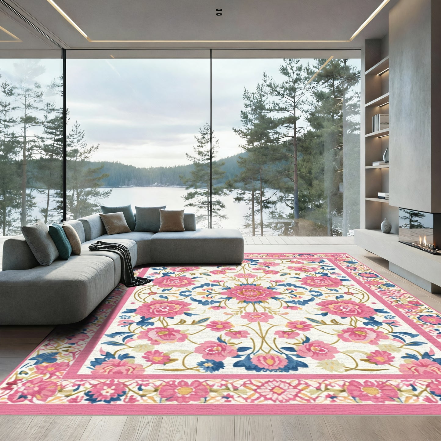 Vibrant Pink Blue Floral Medallion Arrangement Rug