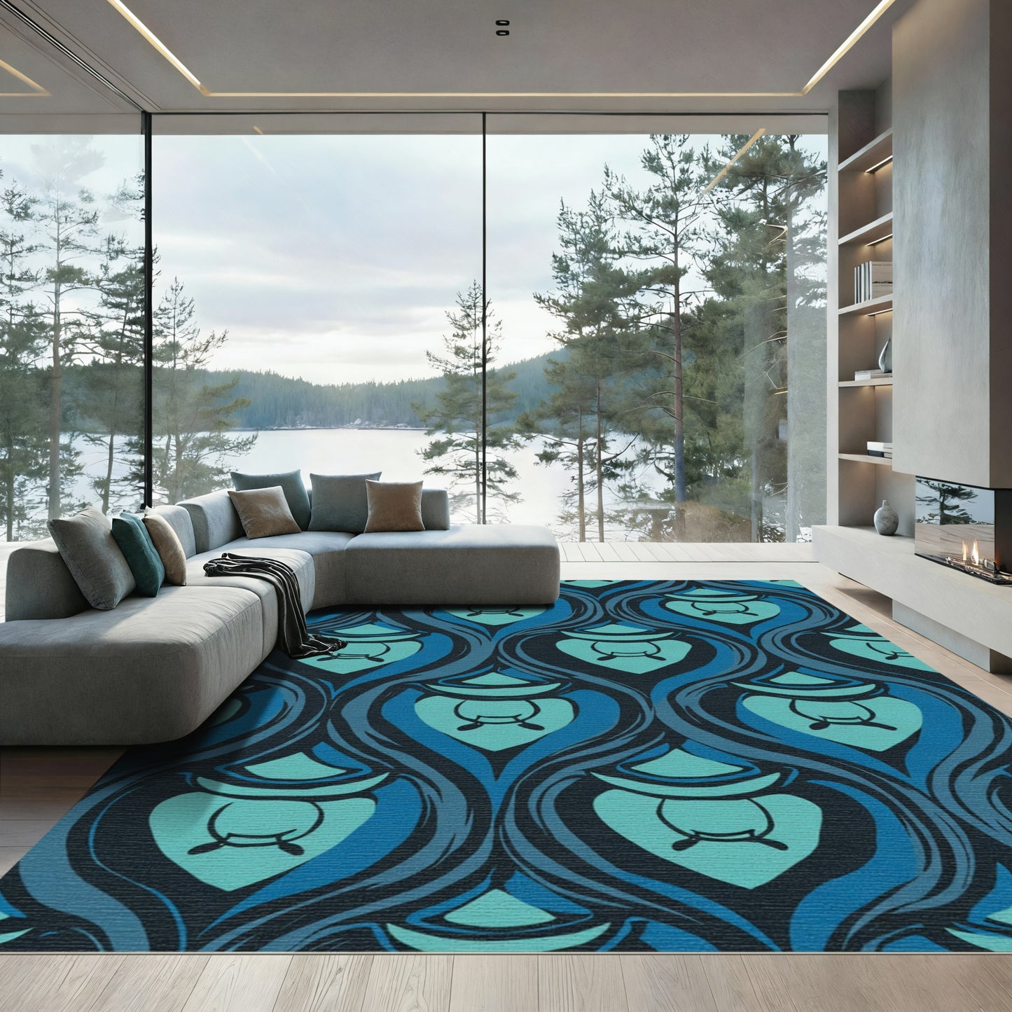 Dark Teal Blue Flowing Lantern Rug