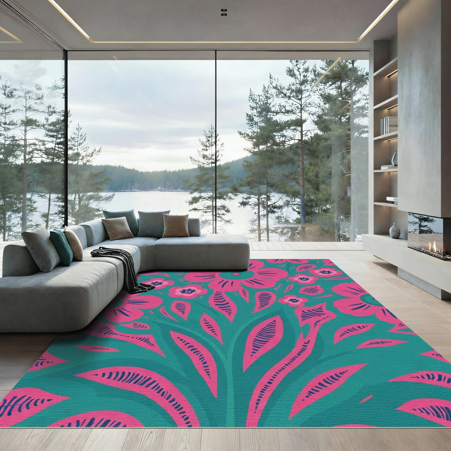 Bright Pink Floral Contemporary Teal Rug