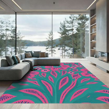 Bright Pink Floral Contemporary Teal Rug