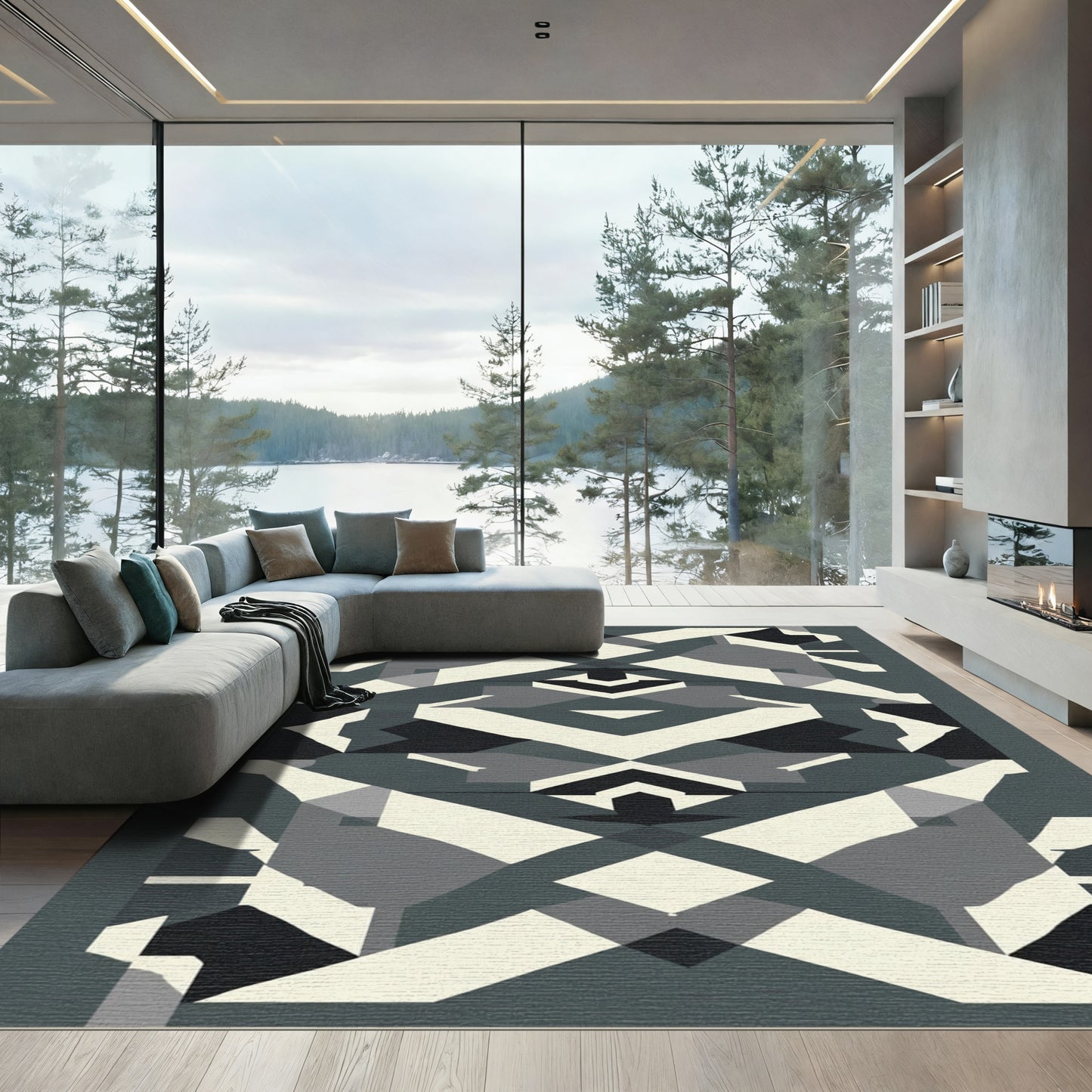 Modern Geometric Abstract Cream Charcoal Rug