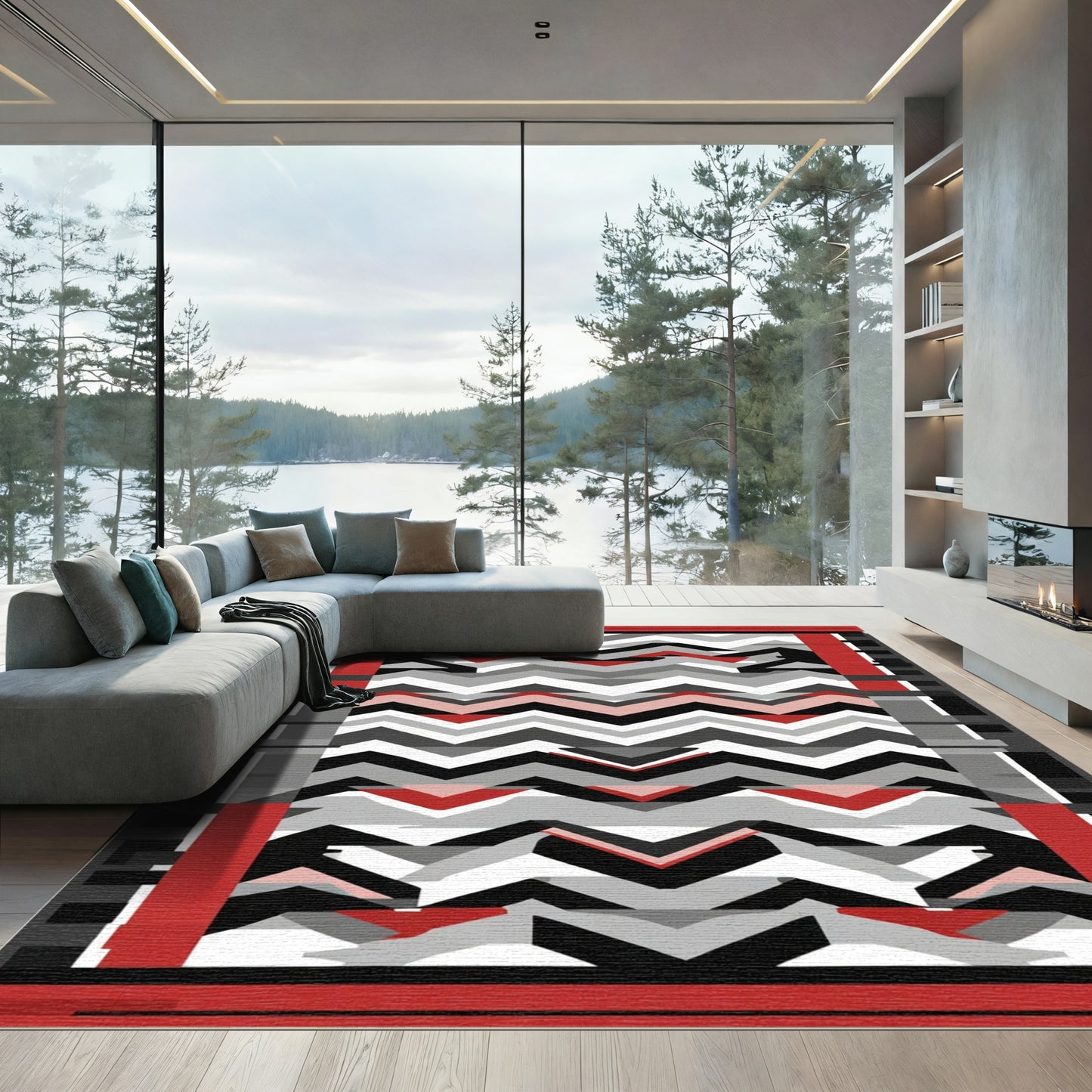 Bold Crisscross Red Gray Zigzag Rug