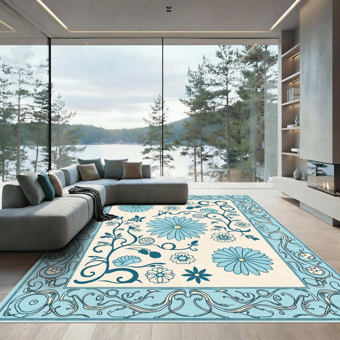 Light Blue Floral Scroll Border Rug