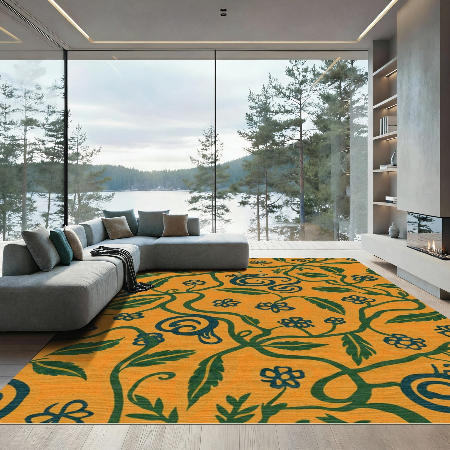 Golden Orange Floral Vine Swirl Rug