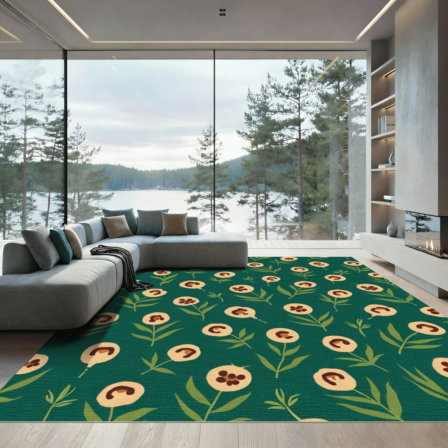 Whimsical Cream Flower Garden Teal Rug