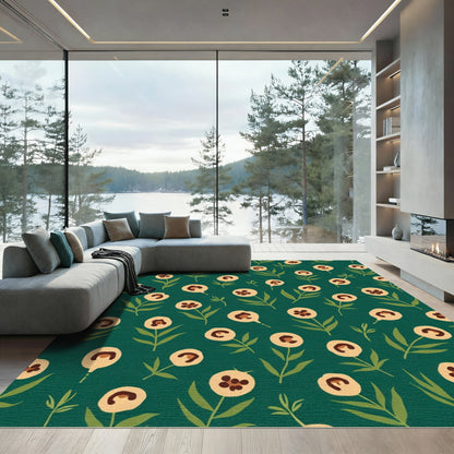 Whimsical Cream Flower Garden Teal Rug