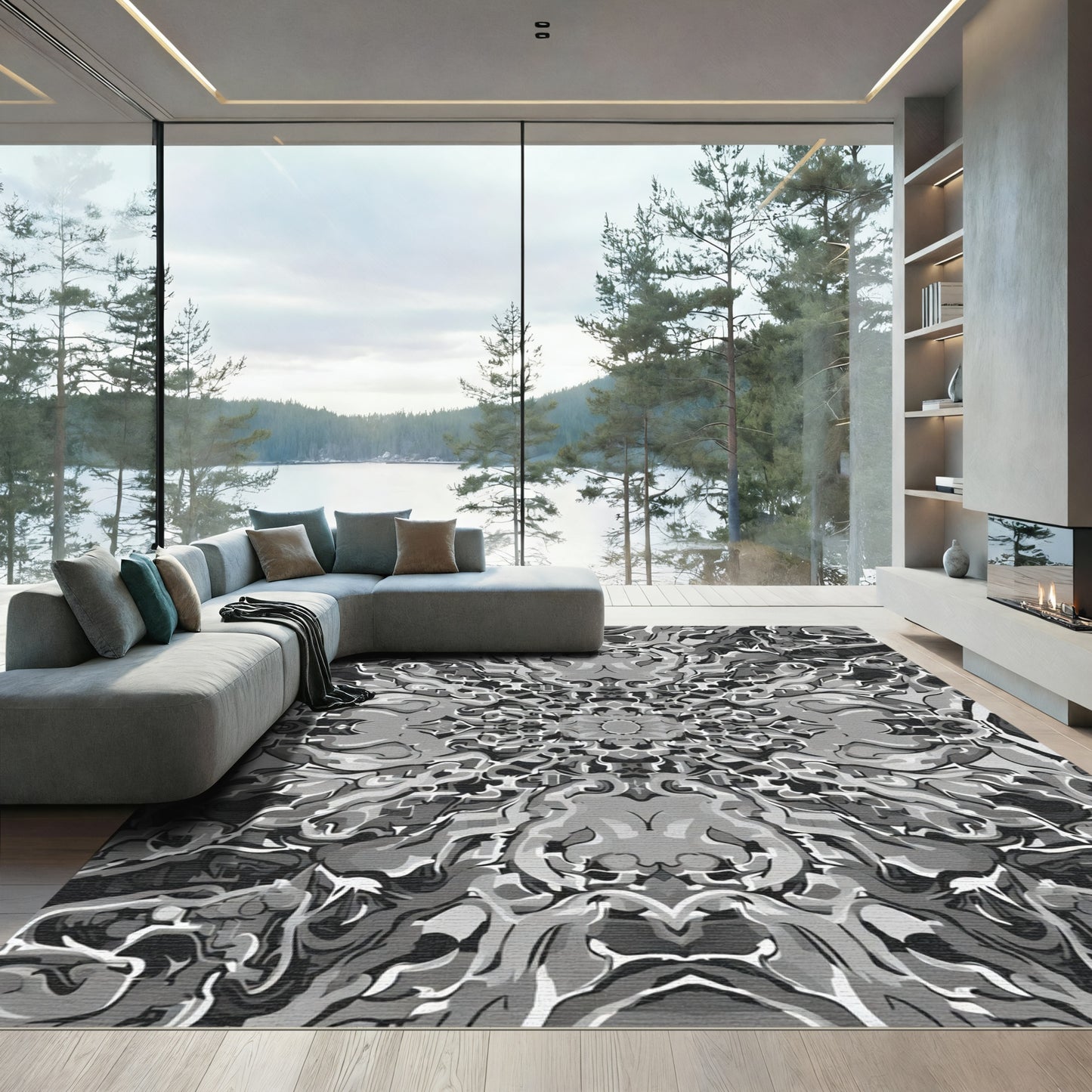 Monochromatic Chaotic Swirl Kaleidoscope Rug