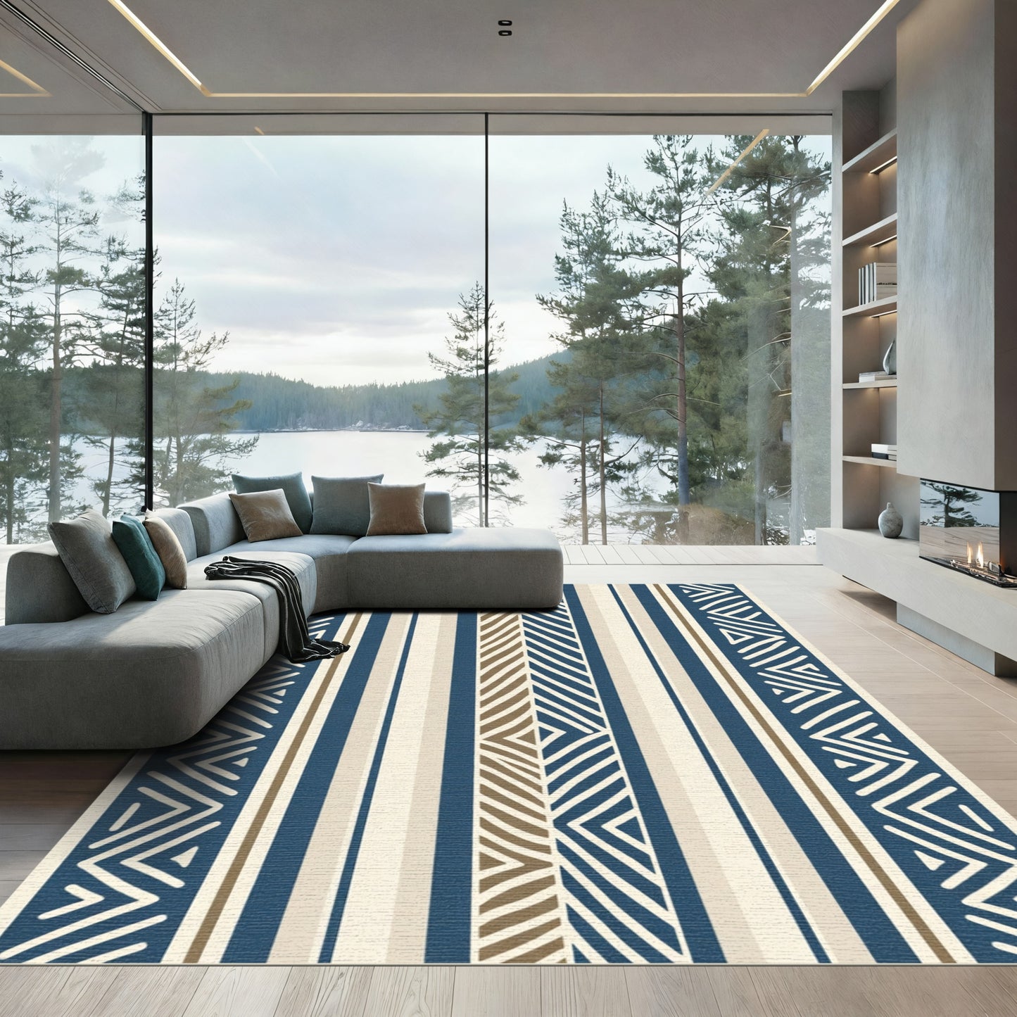 Navajo Blue Cream Chevron Stripes Rug