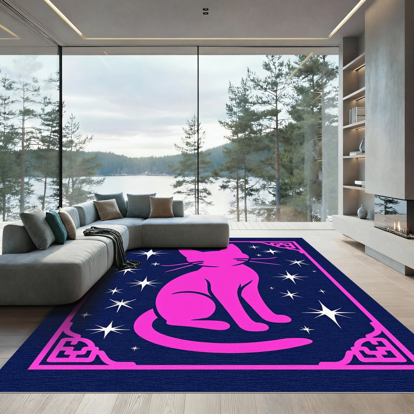 Hot Pink Cat Among Stars Rug
