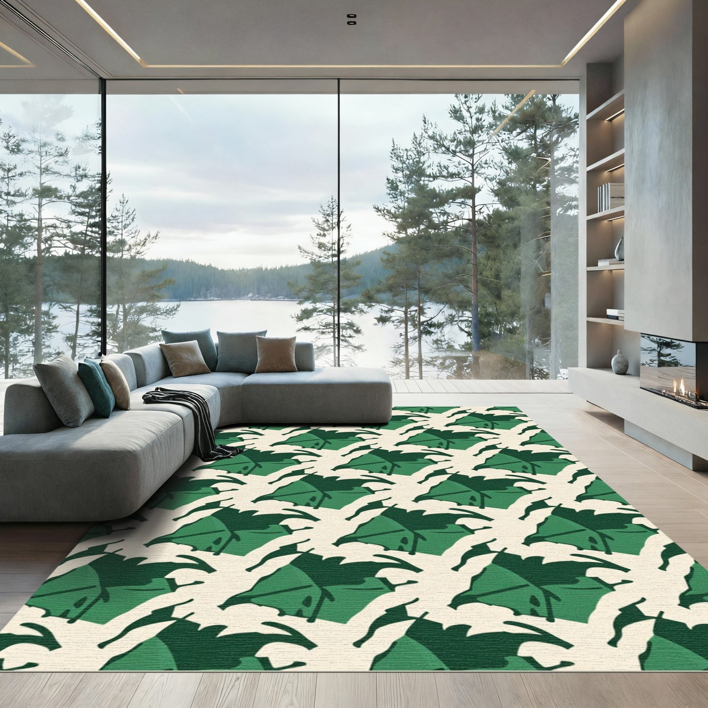 Deep Green Leafy Tropical Arrangement Rug