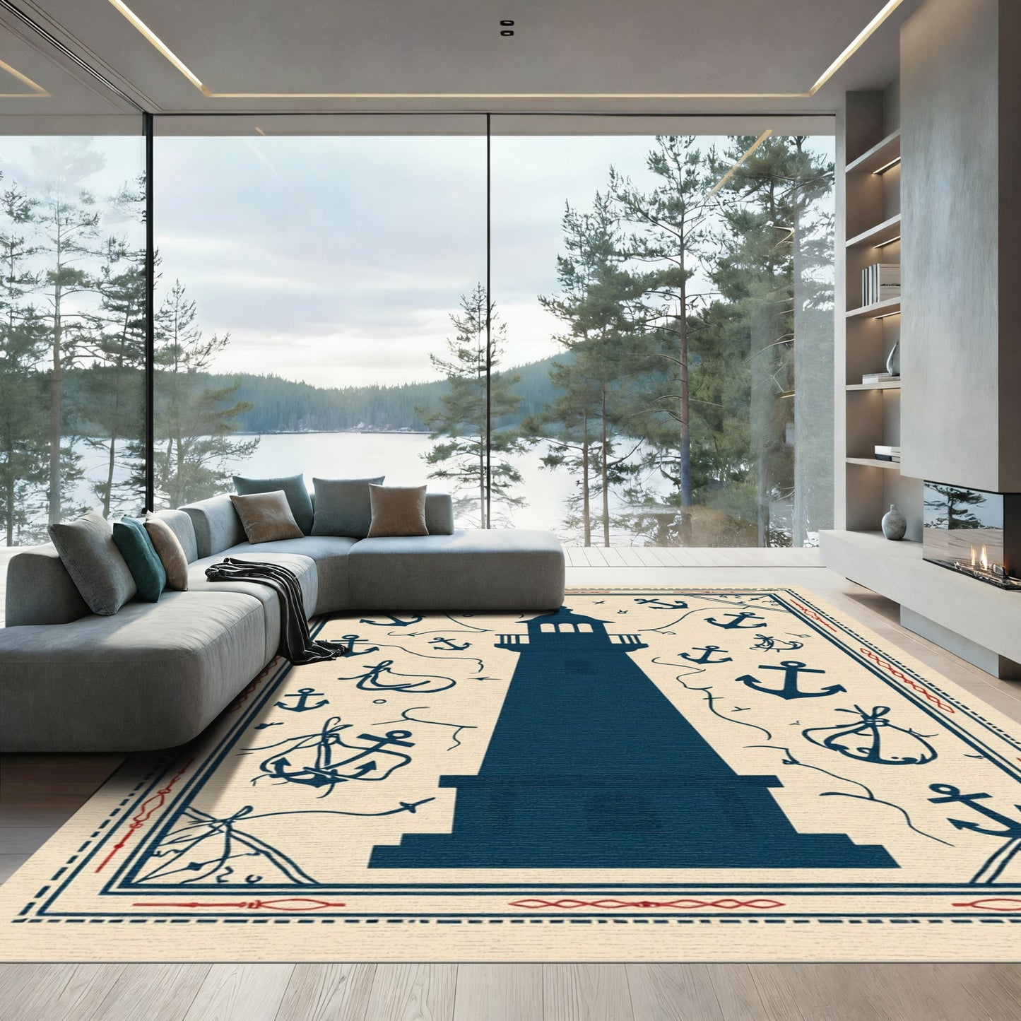 Deep Blue Lighthouse Anchor Medallion Rug