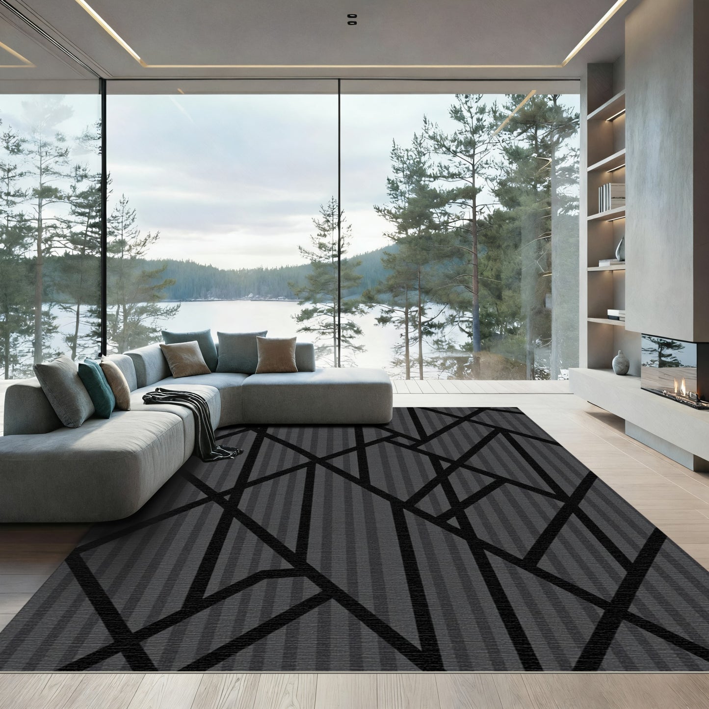 Dark Gray Geometric Intersecting Lines Rug